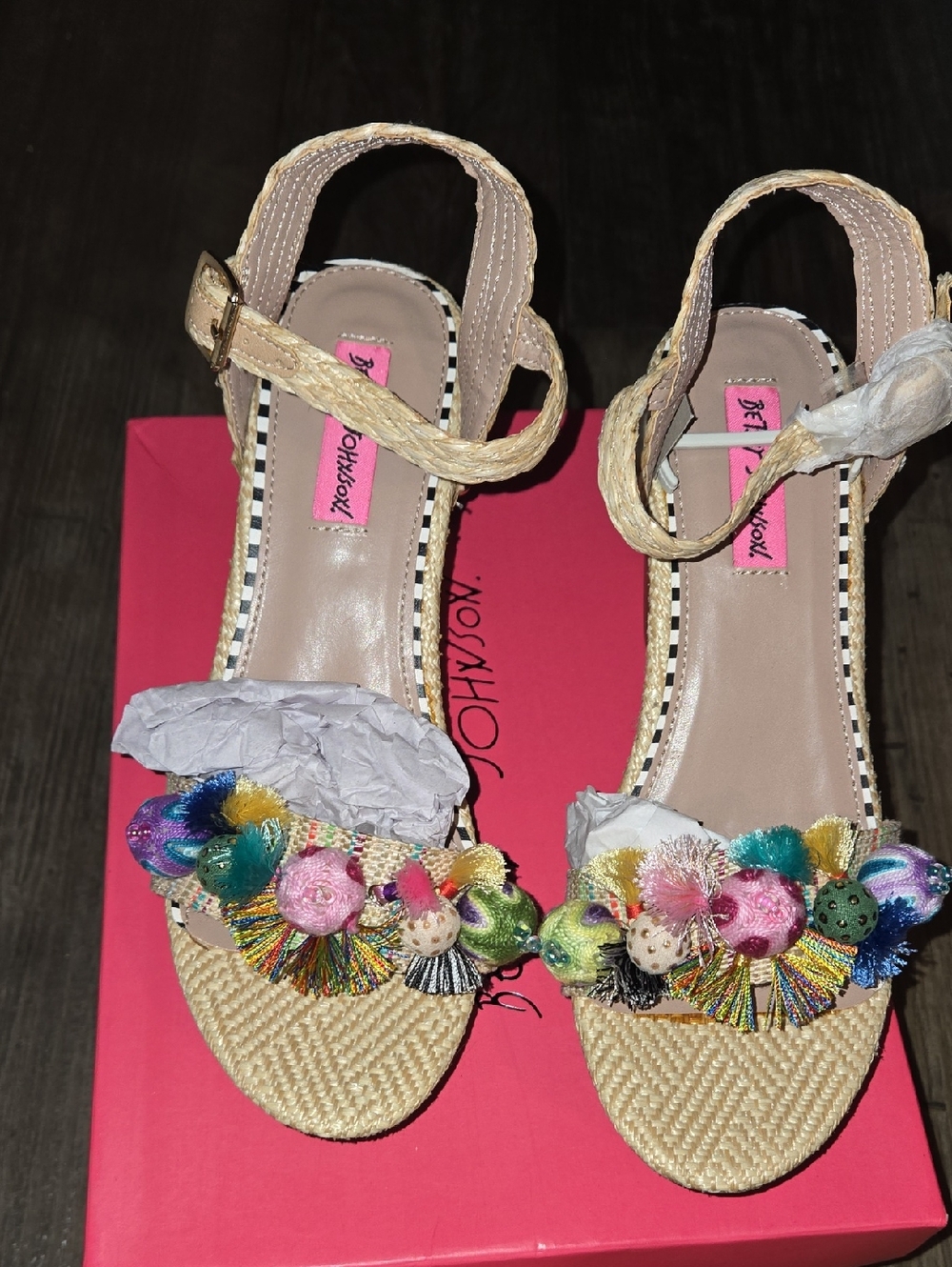 Betsey Johnson Beige Raffia Wedge Sandals with Colorful Pom-Pom Embellishments